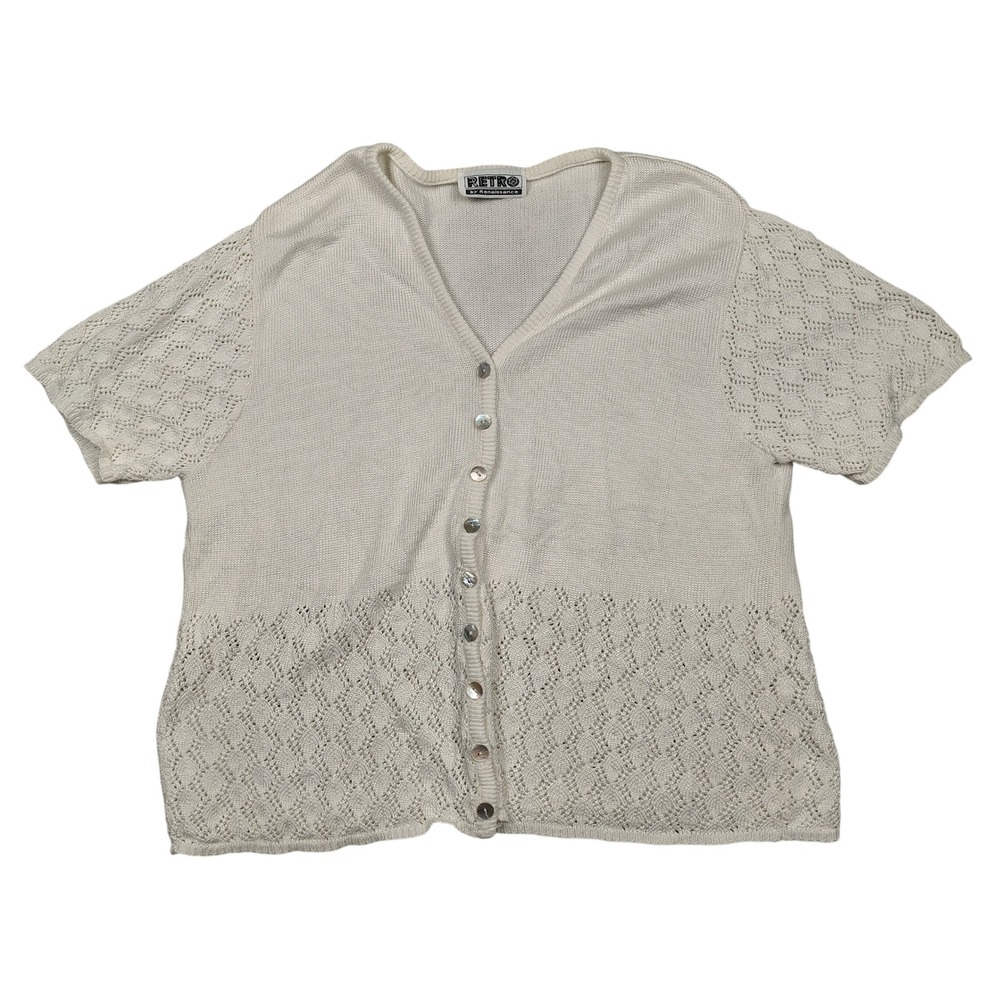 Retro by Renaissance Cardigan Women‎ 3X White Pointelle Knit Rayon Short Slv
